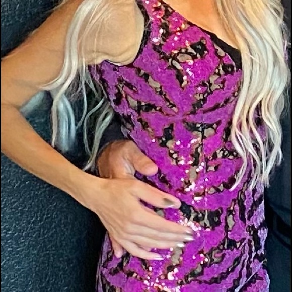 Dress the population sequin and mesh lace dress bodycon - Picture 2 of 5